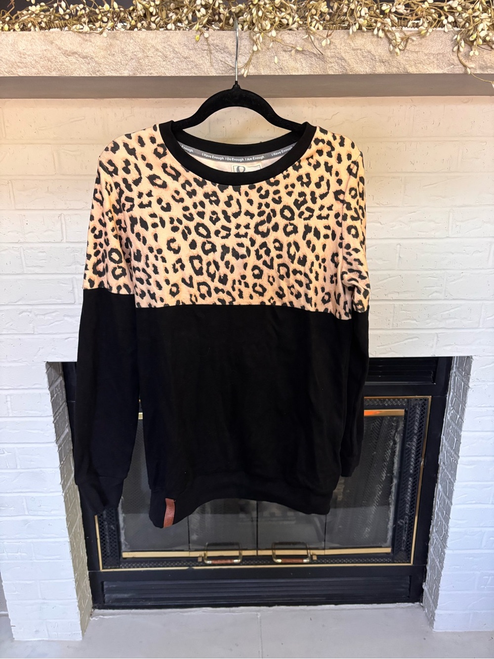 AMPERSAND AVE Oversized Leopard Colorblock Crew Sweater - Black and Tan